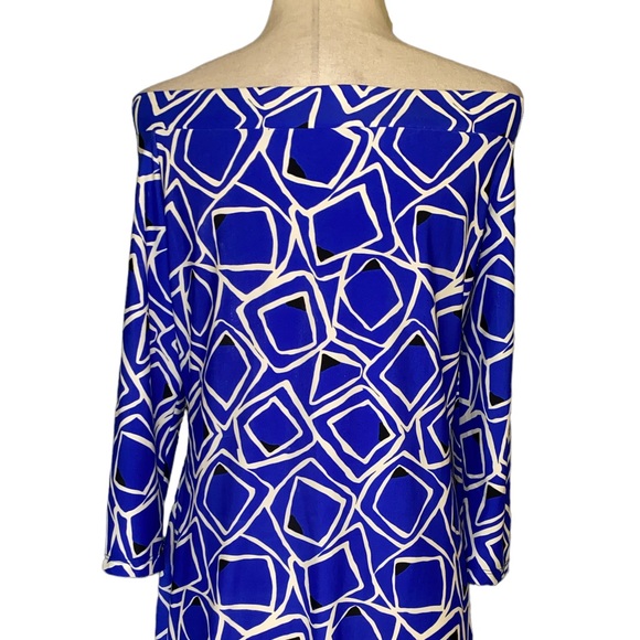 Jude Connally Off the Shoulder Royal Blue White Geometric Print Dress - XL - Picture 6 of 9